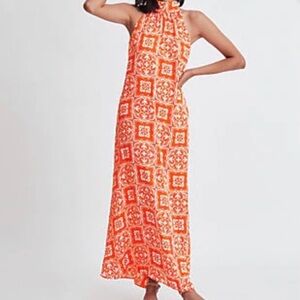 Ann Taylor Tiled Flowy Tie Neck Halter Maxi Dress